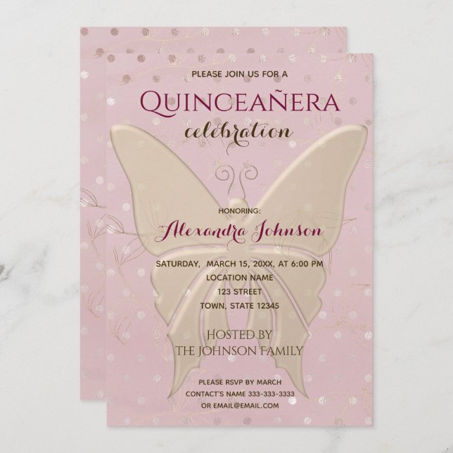 Convite Quinceanera Rosa Dourada 15 Aniversário (Frente/Verso)