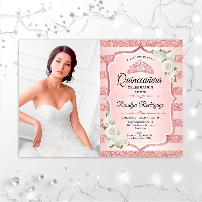 Convite Quinceanera rosa Dourada Com Foto - Rosas Brancas (Criador carregado)