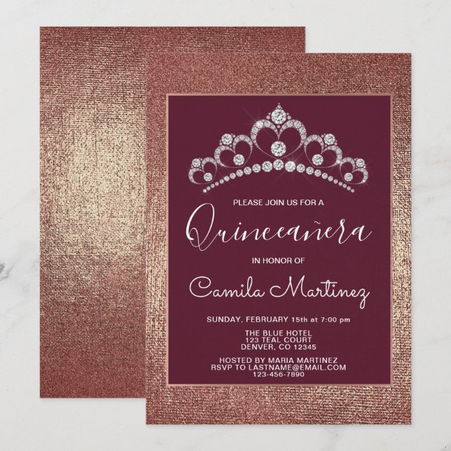 Convite Quinceanera rosa Dourada e Burgundy com Tiara (Frente/Verso)