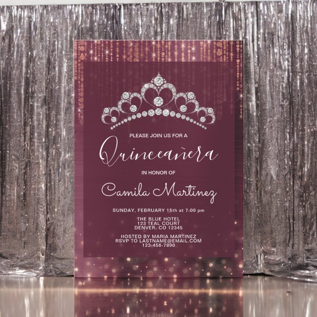 Convite Quinceanera rosa Dourada e Burgundy com Tiara (Criador carregado)