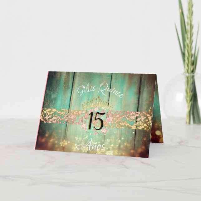 Convite Quinceañera, rosa Dourada e Teal Rustic, Espanha (Frente)