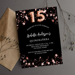 Convite Quinceanera rosa dourada estrelas luxo preto
