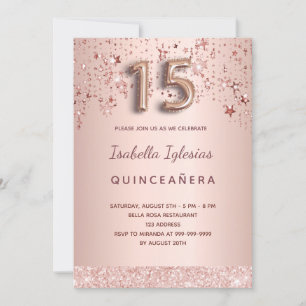 Convite Quinceanera rosa dourada estrelas rosa