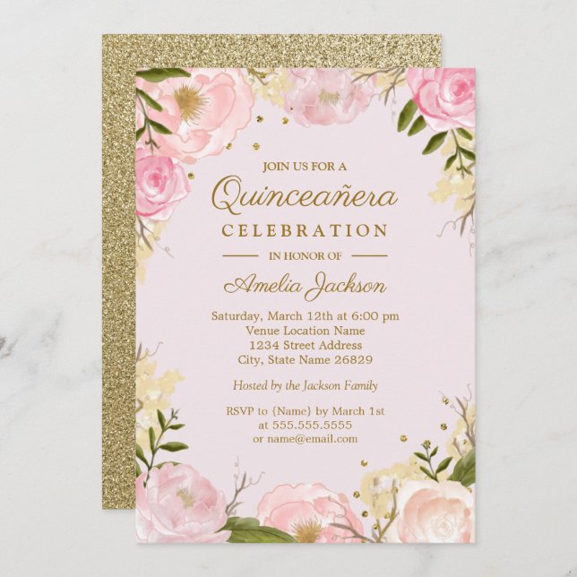 Convite Quinceanera Rosa Dourada Floral Sparkle (Frente/Verso)