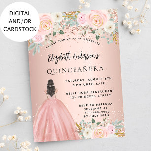 Convite Quinceanera rosa dourada flores de luxo