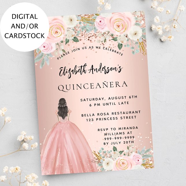 Convite Quinceanera rosa dourada flores de luxo (Criador carregado)