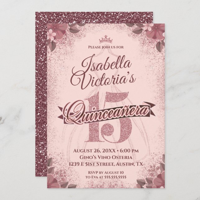 Convite Quinceanera Rosa Dourada Glitter Sparkle (Frente/Verso)