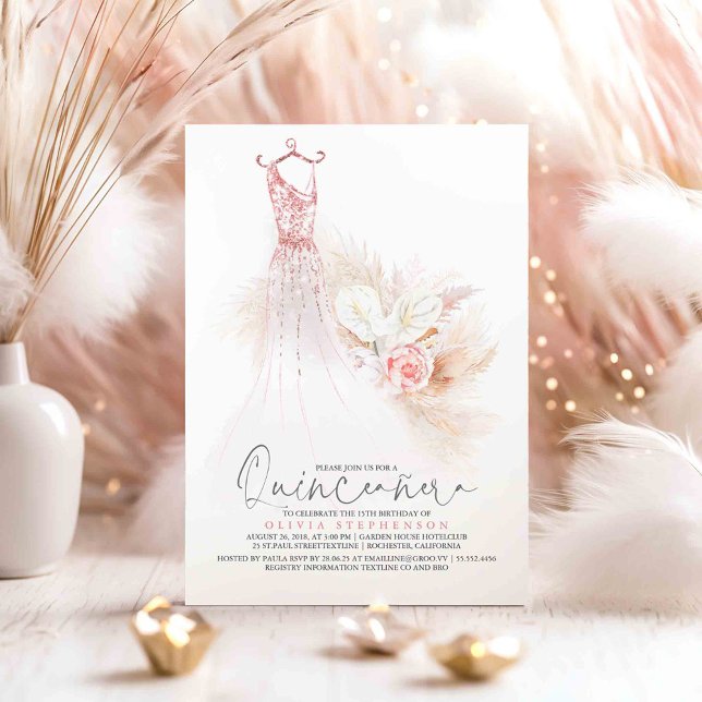 Convite Quinceañera Rosa Dourada Pampas Grass 15 Aniversár (Pink Gold Glitter Dress Quinceanera 15th Birthday Invitations)