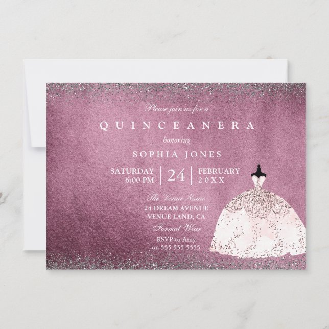 Convite Quinceanera Rosa-Dourada Rosa de Silver Burgundy (Verso)