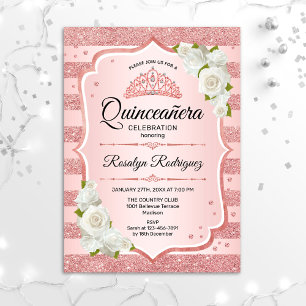 Convite Quinceanera rosa Dourada - Rosas Brancas