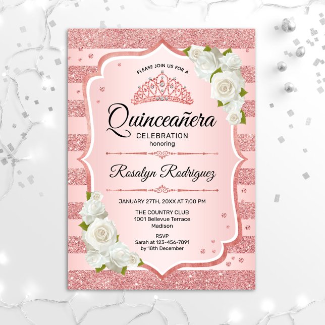 Convite Quinceanera rosa Dourada - Rosas Brancas (Criador carregado)