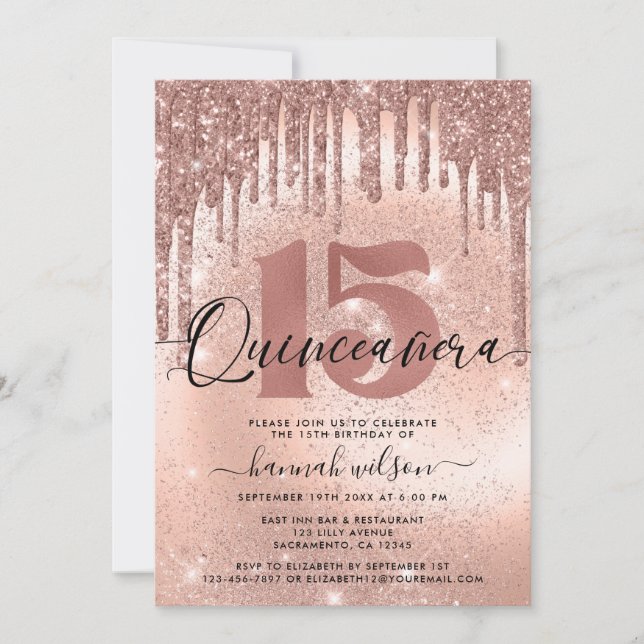 Convite Quinceañera Rosa Dourada Trendy (Frente)