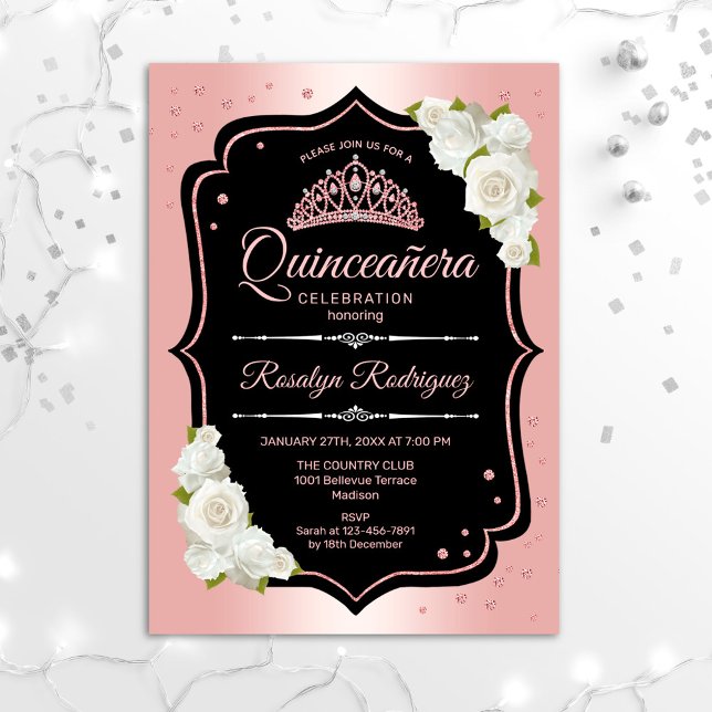 Convite Quinceanera - Rosa Dourado Branco (Criador carregado)