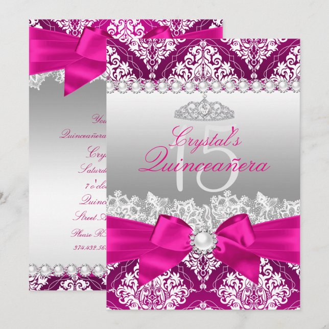Convite Quinceanera Rosa Dourado Damask e Laço de  (Frente/Verso)