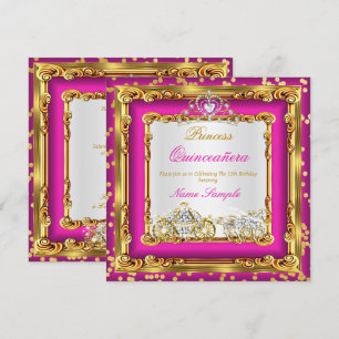 Convite Quinceanera Rosa Dourado Diamante Carruagem de Cav