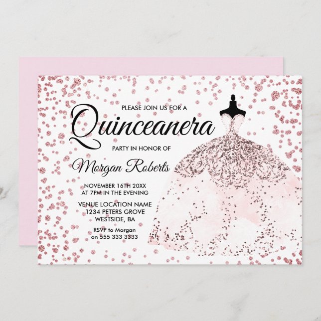 Convite Quinceanera, rosa Dourado e cor-de-rosa, (Frente/Verso)
