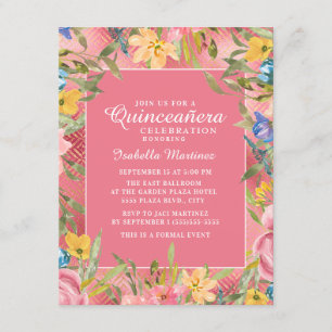 Convite Quinceañera Rosa Dourado Floral Amarelo Azul