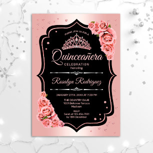 Convite Quinceanera - Rosa Dourado Negro