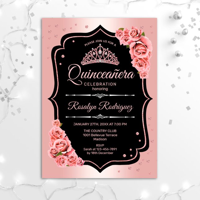 Convite Quinceanera - Rosa Dourado Negro (Criador carregado)