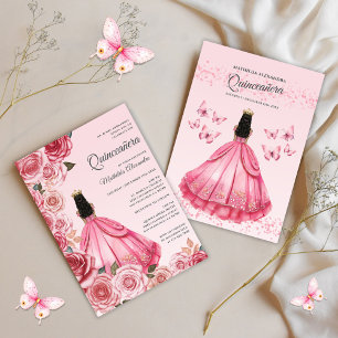 Convite Quinceanera Rosa Dourado Princesa Floral