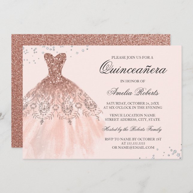 Convite Quinceanera, rosa Dourado Sparkle Dress Qu (Frente/Verso)