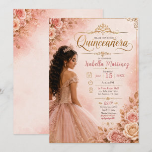 Convite Quinceañera Rosa e Dourada