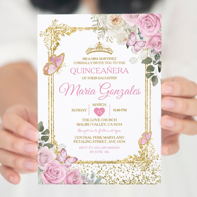 Convite Quinceañera Rosa e Dourada Coroa Mexicana (Criador carregado)