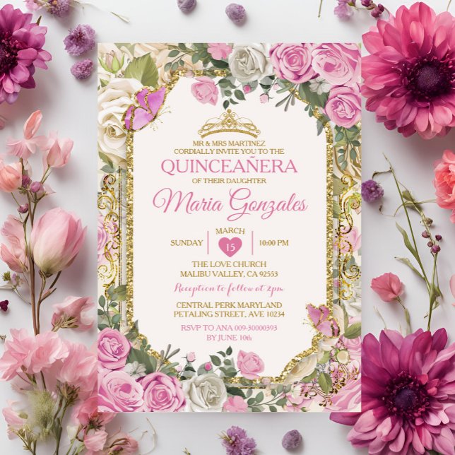 Convite Quinceañera Rosa e Dourada Coroa Mexicana (Criador carregado)