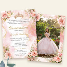 Quinceañera Rosa e Dourado Floral com Foto