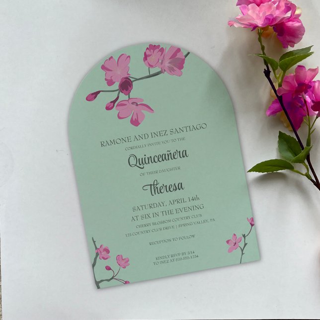 Convite Quinceanera Rosa e Mint Green Cherry Blossom (Criador carregado)