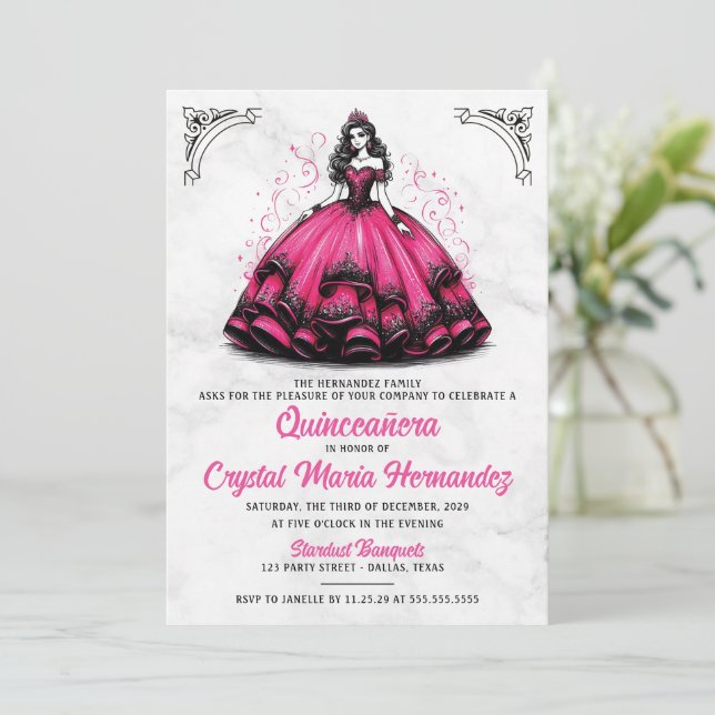 Convite Quinceañera rosa e preta (Em pé/Frente)