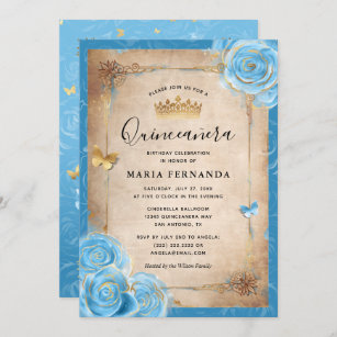 Convite Quinceanera Rosa-Elegante Azul e Dourada
