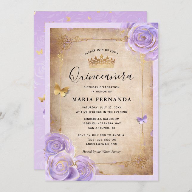 Convite Quinceanera Rosa-Elegante, Roxo-Claro e Dourada (Frente/Verso)