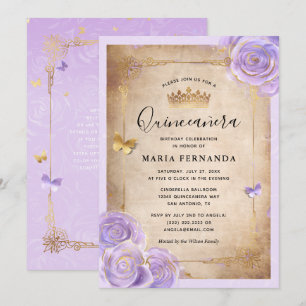Convite Quinceanera Rosa-Elegante, Roxo-Claro e Dourada
