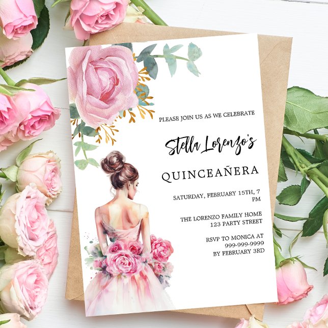 Convite Quinceanera, rosa floral, de vestido rosa (Criador carregado)
