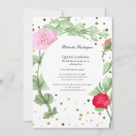 Convite Quinceañera Rosa Flores Vermelhas Cor-de-rosa Ouro