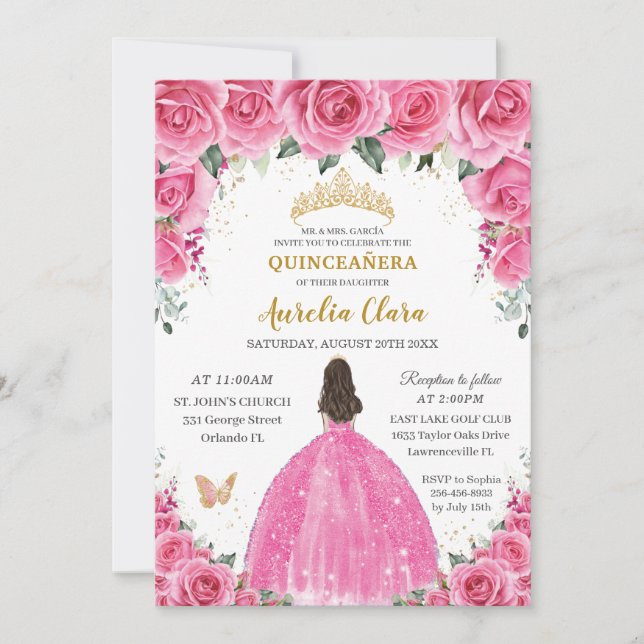 Convite Quinceañera Rosa Fuchsia Floral Princesa Butterfly (Frente)
