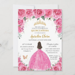 Convite Quinceañera Rosa Fuchsia Floral Princesa Butterfly