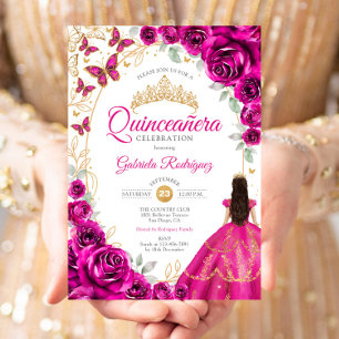 Convite Quinceanera Rosa Fúcsia Floral Dourado