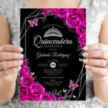 Quinceanera Rosa Fúcsia Preto Prata Floral