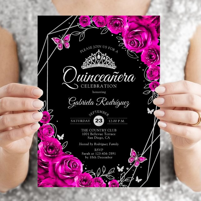 Convite Quinceanera Rosa Fúcsia Preto Prata Floral (Criador carregado)