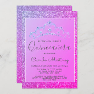 Convite Quinceanera Rosa, Glitter Roxo e Sparkle
