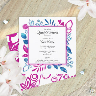 Convite Quinceañera Rosa Magenta e Azul