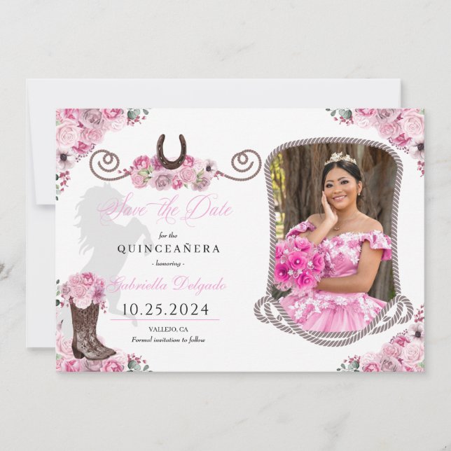 Convite Quinceañera Rosa Ocidental Salva A Foto Da Data (Frente)