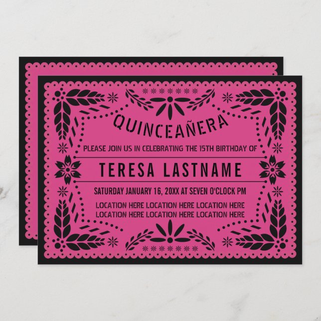 Convite Quinceañera rosa papel picado (Frente/Verso)