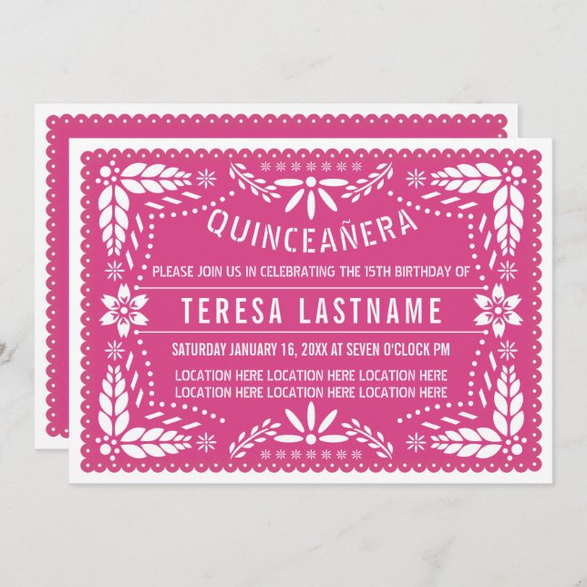 Convite Quinceañera rosa papel picado (Frente/Verso)