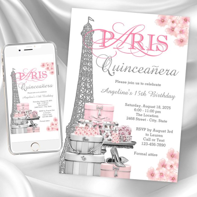 Convite Quinceanera Rosa Paris (Paris Quinceanera invitations. Instant download and printed invitations available.)
