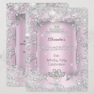 Convite Quinceanera Rosa Prata Tiara Inverno Encantado