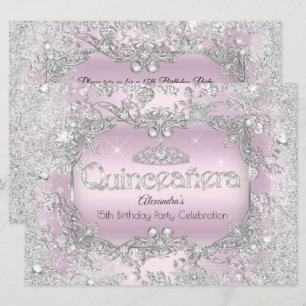 Convite Quinceanera Rosa Prata Tiara Inverno Encantado 2
