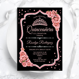 Convite Quinceanera - Rosa preto Dourado